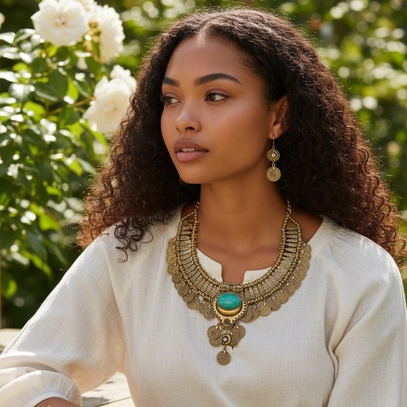 NWT Gold Coin Statement Necklace & Earrings Set with Turquoise Accent - Picture 15 of 15